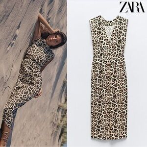 Zara Leopard Draped Midi Dress Linen Animal Print